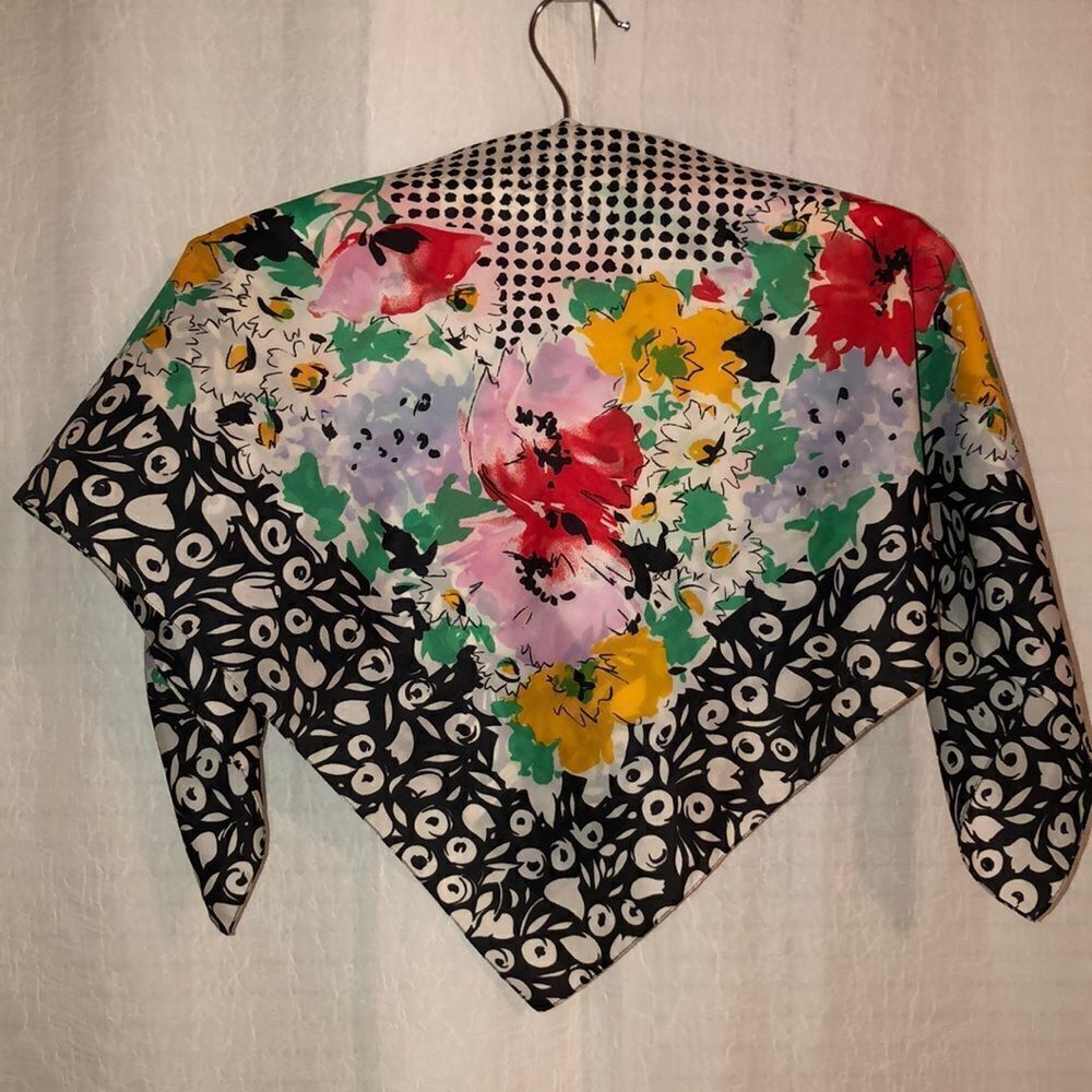 Avon White Black Multicolored Floral Polka Square Scarf